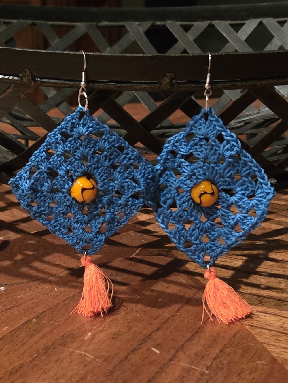 Hand Crafted Blue Crochet Diamond Earrings with Orange Tassel - Picture 2 of 3